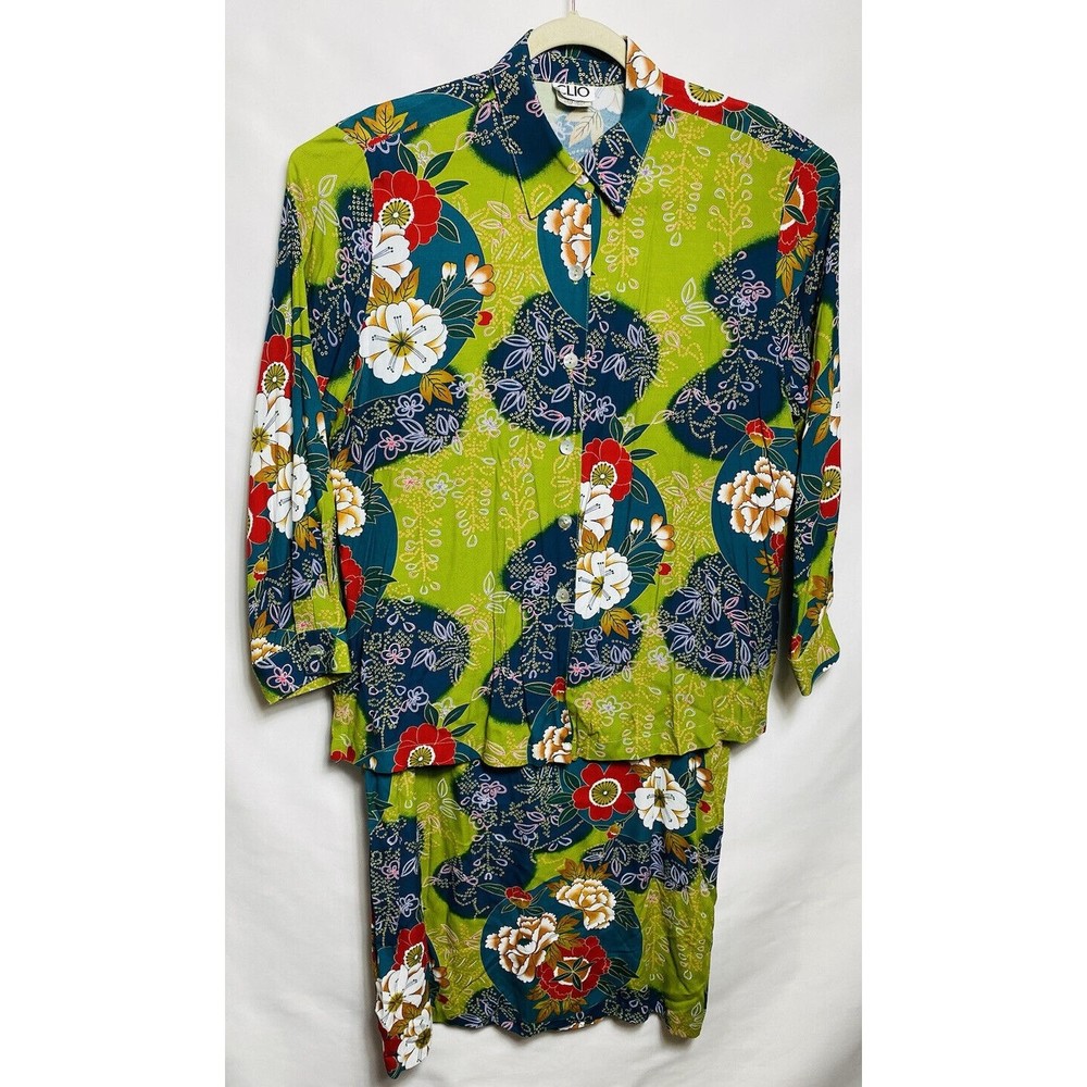 Clio 2 Pieces Flowered Long Skirt Sz 14 And Long Sleeve Blouse Size L 100% Rayon